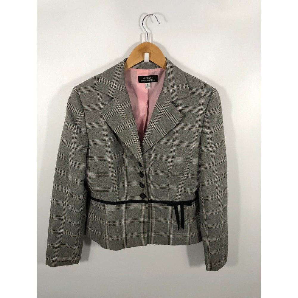 Womens Plaid Blazer 8 Gray Ribbon Bow Accent 90s Minimalist Capsule Chic Office